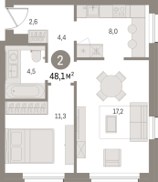 2 ккв № 306.6.8 Корп.: 2-2 , Секция 6  в ЖК Северный ветер
