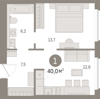 1 ккв № 308.6.1 Корп.: 2-2 , Секция 8  в ЖК Северный ветер