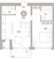 2 ккв (Евро) № 108.5.2 Корп.: 3-1 , Секция 8  в ЖК Северный ветер