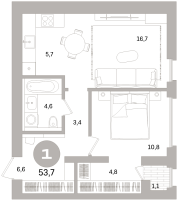 2 ккв (Евро) № 105.3.2 Корп.: 3-1 , Секция 5  в ЖК Северный ветер