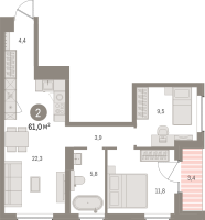 3 ккв (Евро) № 307.3.5 Корп.: 2-2 , Секция 7  в ЖК Северный ветер