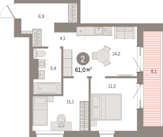 2 ккв № 204.2.4 Корп.: 2-1 , Секция 1  в ЖК Северный ветер