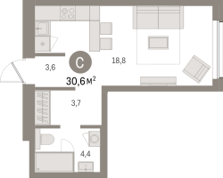 Студия № 206.10.4 Корп.: 2-1 , Секция 3  в ЖК Северный ветер