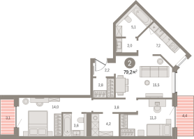 3 ккв (Евро) № 305.6.1 Корп.: 2-2 , Секция 5  в ЖК Северный ветер