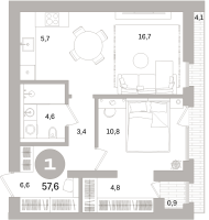 2 ккв (Евро) № 105.2.2 Корп.: 3-1 , Секция 5  в ЖК Северный ветер