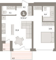 2 ккв (Евро) № 108.3.2 Корп.: 3-1 , Секция 8  в ЖК Северный ветер
