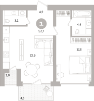 2 ккв (Евро) № 108.4.2 Корп.: 3-1 , Секция 8  в ЖК Северный ветер