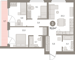 4 ккв (Евро) № 308.8.8 Корп.: 2-2 , Секция 8  в ЖК Северный ветер