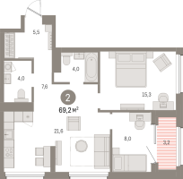 3 ккв (Евро) № 206.11.5 Корп.: 2-1 , Секция 3  в ЖК Северный ветер