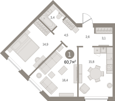 3 ккв (Евро) № 303.8.3 Корп.: 2-2 , Секция 3  в ЖК Северный ветер