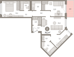 3 ккв (Евро) № 303.3.6 Корп.: 2-2 , Секция 3  в ЖК Северный ветер
