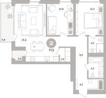 3 ккв (Евро) № 202.4.5 Корп.: 3-2 , Секция 2  в ЖК Северный ветер