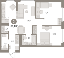 3 ккв (Евро) № 308.4.9 Корп.: 2-2 , Секция 8  в ЖК Северный ветер