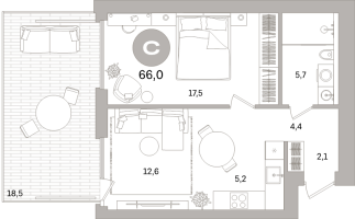 2 ккв (Евро) № 105.2.1 Корп.: 3-1 , Секция 5  в ЖК Северный ветер