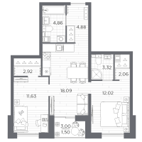 3 ккв (Евро) № 15 Корп.: 621 , Секция 1  в ЖК Сезоны