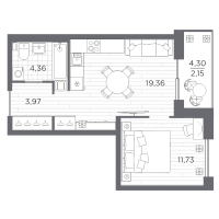 2 ккв (Евро) № 13 Корп.: 621 , Секция 1  в ЖК Сезоны