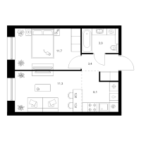2 ккв (Евро) № 3.3.11 Корп.: 2 , Секция 3  в ЖК Шкиперский 19
