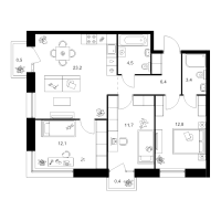 4 ккв (Евро) № 1.2.9 Корп.: 2 , Секция 1  в ЖК Шкиперский 19