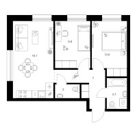 3 ккв (Евро) № 7.1.1 Корп.: 2 , Секция 7  в ЖК Шкиперский 19
