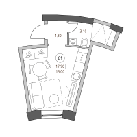 Студия № 61 Корп.: 1 , Секция 2  в ЖК Швецова 4