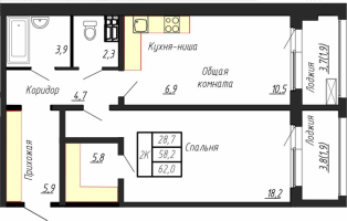 2 ккв (Евро) № 92 Корп.: 7 , Секция 2  в ЖК Сибирь