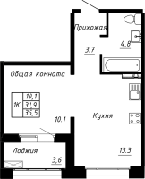 1 ккв № 25 Корп.: 10 , Секция 1  в ЖК Сибирь