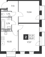 2 ккв № 95 Корп.: 7 , Секция 5  в ЖК Слобода