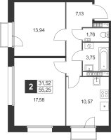 2 ккв № 3 Корп.: 7 , Секция 1  в ЖК Слобода