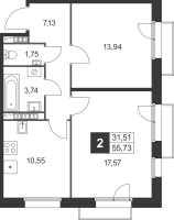 2 ккв № 104 Корп.: 7 , Секция 5  в ЖК Слобода