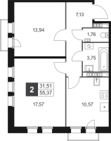 2 ккв № 20 Корп.: 7 , Секция 1  в ЖК Слобода