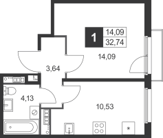 1 ккв № 43 Корп.: 7 , Секция 2  в ЖК Слобода