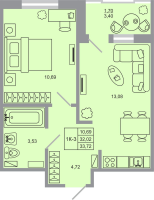 1 ккв № 152 Корп.: 21 , Секция 1  в ЖК Стороны света-2