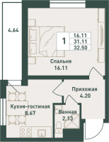 1 ккв № 366 Корп.: 2 , Секция 1  в ЖК Тандем