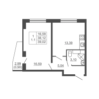 1 ккв № 296 Корп.: 1 , Секция 3  в ЖК Тандем