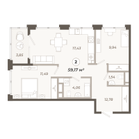 3 ккв (Евро) № 132 Корп.: 1 , Секция 1  в ЖК Траектория