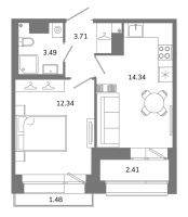 1 ккв № Б10(1-14) Корп.: 1 , Секция 2  в ЖК Твой космос