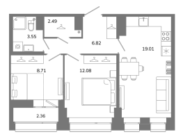 3 ккв (Евро) № А12(2-10) Корп.: 1 , Секция 1  в ЖК Твой космос