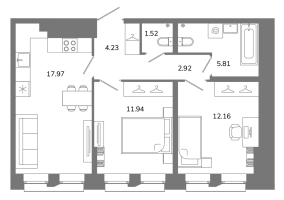 3 ккв (Евро) № Б2(2-27) Корп.: 1 , Секция 2  в ЖК Твой космос