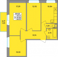 3 ккв № 601 Корп.: 1 , Секция 4  в ЖК Удача (Вита)