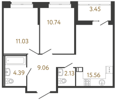 3 ккв (Евро) № 250 Корп.: 2 , Секция 1  в ЖК Ultra City 3.0