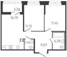 3 ккв (Евро) № 19 Корп.: 1 , Секция 1  в ЖК Ultra City 3.0