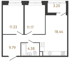 3 ккв (Евро) № 229 Корп.: 2 , Секция 1  в ЖК Ultra City 3.0