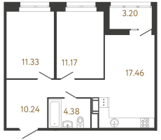 3 ккв (Евро) № 240 Корп.: 2 , Секция 1  в ЖК Ultra City 3.0