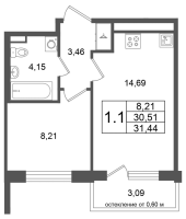 1 ккв № 85 Корп.: 9 , Секция 3  в ЖК Univer City