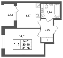 1 ккв № 43 Корп.: 9 , Секция 1  в ЖК Univer City