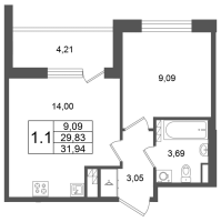1 ккв № 256 Корп.: 9 , Секция 7  в ЖК Univer City