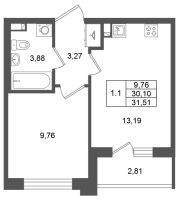 1 ккв № 404 Корп.: 7 , Секция 11  в ЖК Univer City