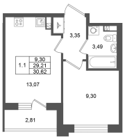 1 ккв № 408 Корп.: 7 , Секция 11  в ЖК Univer City