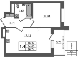 2 ккв (Евро) № 136 Корп.: 12 , Секция 4  в ЖК Univer City