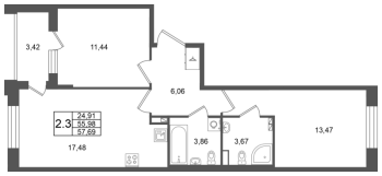 3 ккв (Евро) № 272 Корп.: 10 , Секция 7  в ЖК Univer City
